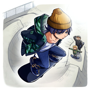 1girl 2boys alternate_costume alternate_skin_color arm_at_side arm_behind_back arm_up artist_name beanie black_jacket black_pants black_sleeves blue_shoes blunt_ends brown_hat camouflage camouflage_jacket casual chain-link_fence closed_eyes closed_mouth collarbone contemporary cross-laced_shoes denim drawstring facing_another fence from_above genshin_impact green_hood green_hoodie green_sleeves grey_eyes hand_in_pocket hat highres hood hood_down hooded_jacket hoodie jacket jeans long_sleeves looking_at_another looking_at_viewer lumine_(genshin_impact) multiple_boys open_clothes open_jacket open_mouth orange_hair outdoors outstretched_arms pants purple_hair sanpaku scaramouche_(genshin_impact) shirt shoes skate_park skateboard skateboarding skirt sneakers spread_arms taka35_35 tartaglia_(genshin_impact) track_jacket track_pants track_suit tsurime white_shirt white_shoes white_skirt wispy_bangs zipper