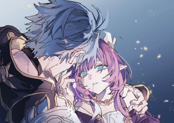 1boy 1girl absurdres ahoge anchealcjiea antenna_hair aqua_eyes armor bare_shoulders black_choker chinese_commentary choker coat collarbone collared_coat couple cyrene_(aedes_elysiae)_(honkai:_star_rail) cyrene_(honkai:_star_rail) dress drooling bad_tag from_above gradient_background grey_hair hair_between_eyes hair_ornament high_collar highres honkai:_star_rail honkai_(series) huge_ahoge jewelry light_particles long_hair looking_up mouth_drool necklace off_shoulder parted_lips phainon_(honkai:_star_rail) pink_hair pointy_ears shade short_hair shoulder_armor spoilers wavy_hair