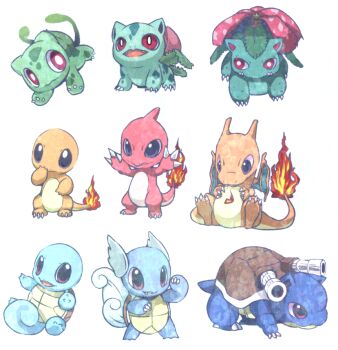 1990s_(style) bad_id bad_pixiv_id blastoise blue_eyes bulbasaur cannon charizard charmander charmeleon claws evolution evolutionary_line fire flame-tipped_tail flower full_body gen_1_pokemon ivysaur nintendo no_humans plant pokemon pokemon_(creature) pokemon_rgby red_eyes retro_artstyle shell simple_background sitting squirtle starter_pokemon_trio tail venusaur vines viu wartortle white_background wings
