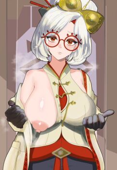1girl breasts brown_background brown_gloves closed_mouth coat commentary_request gloves goggles goggles_on_head hair_ornament hair_stick huge_breasts looking_at_viewer nintendo nipples one_breast_out purah red-framed_eyewear red_eyes round_eyewear sheikah shirt single_bare_shoulder sleeveless sleeveless_shirt solo the_legend_of_zelda the_legend_of_zelda:_tears_of_the_kingdom upper_body watai_kasumi_(artist) white_hair