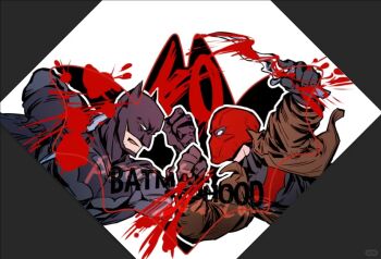 abraxas bat_signal batman batman_(series) batman_symbol blood bloody_knife bloody_weapon bodysuit bruce_wayne dc_comics gloves grey_bodysuit holding holding_knife holding_weapon jason_todd knife male_focus mask multicolored_bodysuit muscular muscular_male red_hood_(dc) red_hood_and_the_outlaws red_mask superhero_costume taut_bodysuit two-tone_bodysuit weapon