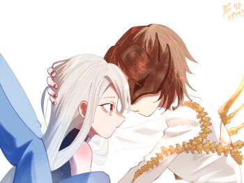 1girl 2girls absurdres asymmetrical_wings backless_outfit black_dress black_nails blank_eyes blue_sash brown_hair brown_mask commentary_request dress expressionless eyelashes facing_another facing_to_the_side fossilized_wonders grey_hair hair_between_eyes hair_between_fingers half_mask hand_on_another's_head heads_together highres holding hug iwanaga_ariya kazuki-23neko long_hair long_sleeves mask mask_over_one_eye multiple_girls red_eyes ribbon_around_body sash shirt short_hair signature skeletal_clothes skeletal_wings sleeveless sleeveless_dress staring touhou turtleneck turtleneck_dress white_background white_hair white_shirt wings yuiman_asama yuri