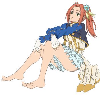 1girl absurdres barefoot blue_sleeves eleanor_hume gloves green_eyes hair_ornament highres legs mabo_of_curry red_hair short_hair simple_background skirt smile tales_of_(series) tales_of_berseria twintails white_gloves white_skirt