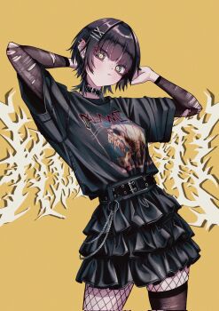1girl abstract_background asymmetrical_legwear brown_hair cafeholicer choker ear_piercing fishnet_pantyhose fishnets frilled_skirt frills gloves goth_fashion gothic_lolita hair_ornament hands_up highres lolita_fashion original pantyhose piercing print_shirt shirt short_hair skirt torn_clothes torn_gloves torn_pantyhose yellow_eyes
