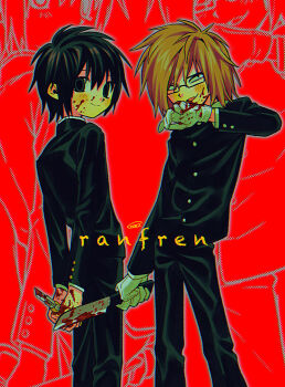 2boys absurdres black-framed_eyewear black_eyes black_hair black_pants blood blood_on_face blood_on_hands bloody_knife brown_hair commentary_request fang glasses gloves highres holding holding_knife knife long_sleeves looking_at_viewer menma_(enaic31) multiple_boys open_mouth pants randal's_friends randal_ivory rectangular_eyewear short_hair smile tsukada_satoru white_gloves