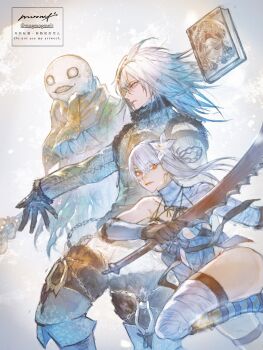 Rule 34 | 1girl, 2boys, absurdres, androgynous, artist name, bandaged arm, bandaged leg, bandaged neck, bandages, black gloves, blue eyes, blue negligee, book, braid, braided hair rings, breasts, brown eyes, chain, commentary, emil (nier), floating, floating book, floating hair, floating object, flower, fur-trimmed jacket, fur trim, gloves, grey background, grimoire weiss, hair between eyes, hair flower, hair ornament, hair rings, highres, holding, holding sword, holding weapon, jacket, kaine (nier), lingerie, long hair, making-of available, medium breasts, moony (mogmogmelt), multiple boys, negligee, nier, nier (brother), nier (brother) (post timeskip), nier (series), parted bangs, red eyes, single bare shoulder, single sidelock, sword, twitter username, underwear, watermark, weapon, white flower