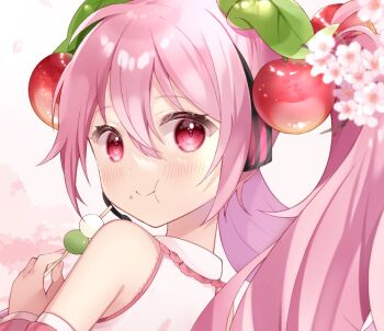 1girl bare_shoulders cherry_blossoms cherry_hair_ornament chewing closed_mouth commentary_request dango detached_sleeves eating falling_petals food food-themed_hair_ornament frills from_behind hair_between_eyes hair_ornament hatsune_miku headphones headset holding holding_food long_hair looking_at_viewer looking_back official_alternate_costume petals pink_eyes pink_hair pink_nails pink_sleeves pink_theme pleated_skirt sakura_miku sanshoku_dango shirt skirt sleeveless sleeveless_shirt solo thighhighs twintails very_long_hair vocaloid wagashi white_shirt yuni_(irohasuiroiro)
