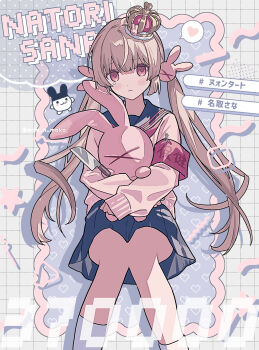 1girl absurdres armband black_sailor_collar black_skirt blush_stickers cardigan character_name closed_mouth crown dot_nose feet_out_of_frame grid_background hair_between_eyes hair_ornament heart highres holding holding_knife holding_stuffed_toy knees_together_feet_apart knife light_brown_hair long_bangs long_hair long_sleeves looking_at_viewer low_twintails mini_crown miniskirt moo_n_moko natori_sana natori_sana_(school_uniform) pink_cardigan pink_eyes pleated_skirt rabbit_hair_ornament red_armband safety_pin sailor_collar sana_channel school_uniform serafuku sidelocks simple_background skirt sleeves_past_wrists socks solo spoken_heart stuffed_animal stuffed_rabbit stuffed_toy twintails twitter_username very_long_hair virtual_youtuber white_background white_socks