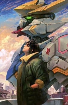 Rule 34 | 1boy, armor, black hair, blue sky, building, cloud, coat, commentary, english commentary, gradient sky, green coat, green eyes, gundam, gundam barbatos, gundam tekketsu no orphans, highres, looking up, male focus, mecha, mecha focus, mikazuki augus, mobile suit, multicolored armor, on rooftop, orange sky, outdoors, robot, science fiction, short hair, sky, white armor, wizyakuza