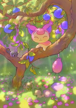 berry branch closed_eyes commentary cutiefly dappled_sunlight english_commentary facing_viewer floette flower gen_3_pokemon gen_6_pokemon gen_7_pokemon highres ieafy in_tree nintendo no_humans pink_flower pokemon pokemon_(creature) pokemon_focus red_eyes rock scatterbug skitty sprigatito sunlight tree