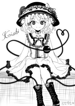 1girl boots bow bowtie character_name closed_mouth collared_shirt commentary embellished_costume eyeball frilled_shirt_collar frilled_skirt frilled_sleeves frills greyscale heart heart-shaped_pupils heart_of_string highres jewelry knee_boots komeiji_koishi lace-up_boots long_sleeves monochrome nanahana_nanana necklace shirt signature sitting skirt smile solo split_mouth symbol-shaped_pupils third_eye touhou wide_sleeves