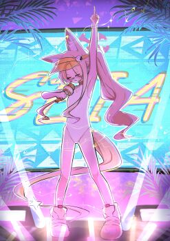 1girl a-dwolf absurdres animal_ears arm_up armpits blue_archive closed_eyes closed_mouth commentary_request extra_ears flat_chest fox_ears fox_girl fox_tail full_body highleg highleg_one-piece_swimsuit highres holding holding_microphone microphone official_alternate_costume one-piece_swimsuit pink-tinted_eyewear pointing pointing_up seia_(blue_archive) seia_(swimsuit)_(blue_archive) shoes side_ponytail solo stage standing swimsuit tail tinted_eyewear white_one-piece_swimsuit white_shoes