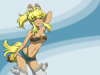 animal_ears blonde_hair bracelet breasts closed_eyes denim denim_shorts derivative_work fingerless_gloves gloves highres jewelry liru midriff ponytail renkin_san-kyuu_magical_pokaan shorts smile thighhighs underboob vector_trace werewolf wolf_ears