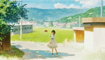 1girl black_hair black_socks blue_neckerchief blue_sailor_collar blush_stickers closed_mouth cloud commentary day dress fish fjsmu grass highres house neckerchief original outdoors power_lines sailor_collar sailor_dress scenery shoes short_hair short_sleeves socks solo standing summer tree white_dress white_shoes wide_sleeves