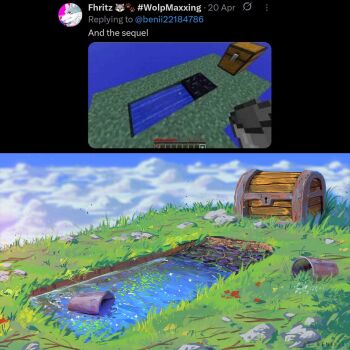 above_clouds benii21 blue_sky bucket cloud commentary english_commentary english_text failure flower grass highres minecraft no_humans obsidian_rock red_flower reference_inset rock sky skyblock treasure_chest water