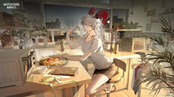 1girl absurdres alternate_costume black_shorts book breasts can commentary drink_can english_commentary fake_horns food fork grey_hair hair_between_eyes highres holding holding_fork horn_cover horns indoors large_breasts logo long_hair looking_at_viewer microwave no_shoes official_art parted_lips pasta red_eyes shirt shorts socks solo spaghetti white_shirt white_socks wuthering_waves zani_(wuthering_waves)