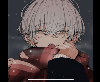 1boy commentary commentary_request ear_piercing english_commentary green_eyes grey_hair looking_at_viewer male_focus mixed-language_commentary niwa281610 original piercing pillarboxed red_scarf scarf short_hair solo spike_piercing teeth upper_teeth_only