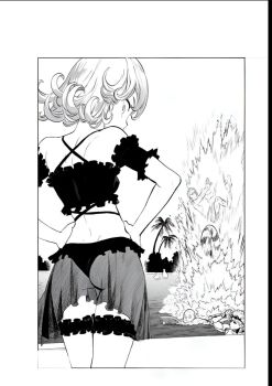 1girl 3boys ass bodyboard curly_hair genos goggles goggles_on_head highres lifebuoy looking_back multiple_boys murata_yuusuke official_art one-punch_man outdoors palm_tree saitama_(one-punch_man) splashing swim_ring swimsuit tatsumaki thong tree water