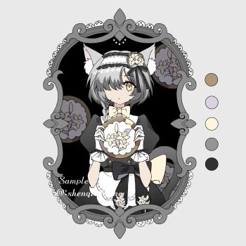 1girl absurdres animal_ear_fluff animal_ears apron artist_name back_bow black_bow black_dress bow bow_choker bowtie braid buttons cat_ears cat_girl cat_tail choker closed_mouth collared_dress color_guide commission cowboy_shot double-breasted dress endoftheworld600 expressionless eyelashes flat_color flower frilled_gloves frilled_hairband frills gloves grey_background grey_hair hair_bow hair_flower hair_ornament hair_over_one_eye hairband highres holding light_frown lily_(flower) lolita_hairband looking_at_viewer maid original picture_frame print_bow puffy_short_sleeves puffy_sleeves ribbon-trimmed_apron ribbon-trimmed_hairband ribbon_trim sample_watermark short_hair_with_long_locks short_sleeves side_braid simple_background single_braid solo standing straight-on tail tareme waist_apron waist_bow watermark white_apron white_bow white_bowtie white_choker white_flower white_gloves white_hairband yellow_eyes