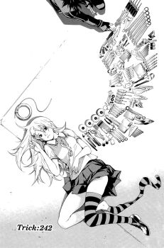 1boy 1girl air_gear fingerless_gloves gloves hair_ornament highres looking_at_viewer lying minami_itsuki monochrome official_art oogure_ito scan school_uniform serafuku shoes simple_background skirt striped_clothes striped_thighhighs sumeragi_kururu thighhighs thighs tools wrench