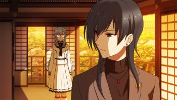 2girls ayanokouji_martial_arts_school_uniform black_neckerchief black_sweater blue_eyes blue_hair closed_mouth earrings evening fusuma game_cg glasses grey_hair grey_jacket grey_sailor_collar hair_between_eyes indoors jacket jewelry kitora_mirja long_hair long_skirt long_sleeves multiple_girls neckerchief necklace non-web_source pleated_skirt sailor_collar school_uniform shade shirt sidelocks skirt sliding_doors socks solo_focus souraku_yuzuki standing sunlight sweater toji_no_miko toji_no_miko:_kizamishi_issen_no_tomoshibi turtleneck turtleneck_sweater white_shirt white_skirt white_socks winter_uniform