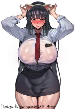1girl absurdres adjusting_clothes adjusting_headwear animal_ear_hairband animal_ears arms_up artist_name biting_own_lip black_hair black_skirt blush breasts brown_eyes button_gap cat_ear_hairband cat_ears collared_shirt commentary_request commission covered_erect_nipples earrings embarrassed english_text fake_animal_ears full-face_blush hair_between_eyes hairband hands_up highres huge_breasts jewelry korean_commentary korean_text long_hair name_tag necktie original orrrca1701 pencil_skirt red_necktie school_uniform shirt shirt_tucked_in simple_background single_earring skirt sleeves_rolled_up solo sweat thick_thighs thighs very_long_hair white_background white_shirt wristband