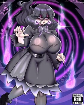 1girl breasts dress earrings eyelashes eyeshadow female_focus hair_between_eyes half-closed_eyes hex_maniac_(pokemon) hex_maniac_(pokemon_legends:_z-a) highres huge_breasts invdrcls jewelry long_hair looking_at_viewer makeup nintendo pokemon pokemon_legends:_z-a purple_dress purple_eyes purple_eyeshadow solo standing
