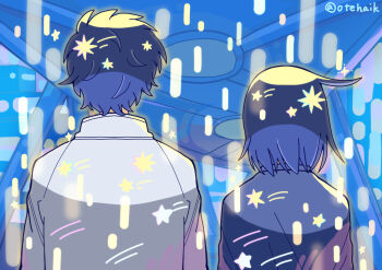 1boy 1girl ahoge blue_jacket from_behind futsuu_no_keion-bu hatono_chihiro highres jacket medium_hair mizuo_haruichi otehaik school_uniform short_hair sparkle star_(symbol) walking white_jacket