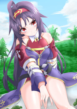 1girl absurdres ahoge bare_shoulders between_legs blue_sky breasts cleavage closed_mouth cloud cloudy_sky collar collarbone collared_dress commentary_request cowboy_shot day dress eyelashes female_focus grass hand_between_legs headband highres long_hair looking_at_viewer maximum7010 official_alternate_costume on_ground outdoors purple_dress purple_hair red_dress red_eyes red_headband sidelocks signature sitting sky small_breasts smile solo sword_art_online sword_art_online:_hollow_realization thighs three-quarter_sleeves tree two-tone_dress very_long_hair white_collar yuuki_(sao)