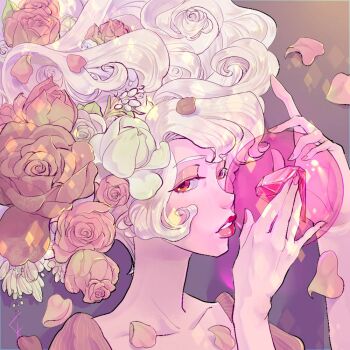 Rule 34 | 1girl, cassiel-k, colored skin, diamond (gemstone), flower, gem, holding, holding orb, looking at viewer, nail polish, orb, petals, pink diamond (steven universe), pink eyes, pink flower, pink gemstone, pink lips, pink nails, pink rose, pink skin, rose, rose petals, short hair, solo, steven universe