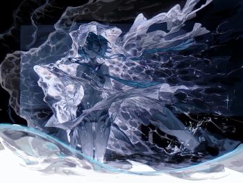 1girl absurdres air_bubble bare_arms bare_legs bare_shoulders blue_hair bubble chinese_commentary closed_eyes commentary covered_navel feet_out_of_frame flat_chest floating_hair hand_on_own_chest highres lamia:_lost_lullaby_(abyssal_dye)_(pgr) lamia_(pgr) long_bangs official_alternate_costume parted_lips punishing:_gray_raven see-through_body solo stomach straight-on veil water waves zhouliang48183