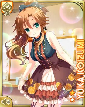 Rule 34 | 1girl, backless outfit, black bow, black shirt, bow, breasts, brown dress, brown hair, brown thighhighs, card, character name, closed mouth, day, dress, girlfriend (kari), green eyes, indoors, koizumi yuka (gf kari), official art, ponytail, qp:flapper, shirt, smile, tagme, thighhighs