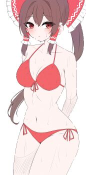 1girl absurdres alternate_costume arms_behind_back bikini bow breasts brown_hair cleavage commentary_request frilled_bow frilled_hair_tubes frills hair_bow hair_tubes hakurei_reimu highres kiui_(dagk8254) large_breasts legs long_hair navel paid_reward_available red_bikini red_bow red_eyes side-tie_bikini_bottom solo swimsuit thighs touhou very_long_hair