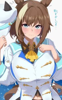 1girl animal_ears ascot blue_eyes blush breasts brown_hair cape cheval_grand_(grand_itineraire)_(umamusume) cheval_grand_(umamusume) commentary_request ekazawa_sdvx hair_between_eyes hat hat_belt hat_with_ears holding holding_unworn_clothes holding_unworn_hat horse_ears horse_girl horse_tail jacket large_breasts long_hair looking_at_viewer midriff_peek multicolored_hair navel peaked_cap solo streaked_hair sweatdrop tail umamusume unworn_hat unworn_headwear upper_body white_hair white_hat white_jacket yellow_ascot
