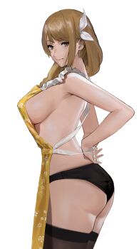 1girl absurdres apron ass ass_focus backless_outfit black_panties black_thighhighs braid breasts brown_eyes brown_hair earrings female_focus fire_emblem fire_emblem_engage floral_print goldmary_(fire_emblem) hair_ribbon highres j@ck jewelry large_breasts long_hair looking_at_viewer matching_hair/eyes nearly_naked_apron nintendo panties ribbon sideboob smile solo thighhighs thighs tying_apron underwear upper_body wedgie white_ribbon