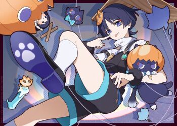 1boy akanbe anemo_symbol_(genshin_impact) animalization apollo_hotori aqua_gemstone black_cat black_hair black_overalls black_shoes blunt_ends bright_pupils candle candlelight casual cat cat_hair_ornament character_doll contemporary doll eyelid_pull eyeliner eyeshadow feathers feet finger_to_cheek fingernails foot_focus foot_up foreshortening fur_wrist_cuffs gem genshin_impact gold hair_ornament halloween halloween_costume index_finger_raised kneehighs looking_at_viewer makeup male_focus marionette marionette_controller official_alternate_costume overalls parted_bangs paw_print_soles person_and_animalization pom_pom_(clothes) pumpkin_hat puppet puppet_strings purple_eyes red_eyeliner red_eyeshadow scaramouche_(cat)_(genshin_impact) scaramouche_(genshin_impact) shirt shoes short_sleeves socks tongue tongue_out tsurime undershirt vision_(genshin_impact) wanderer_(genshin_impact) white_pupils white_shirt white_sleeves white_socks wispy_bangs wrist_cuffs yellow_feathers