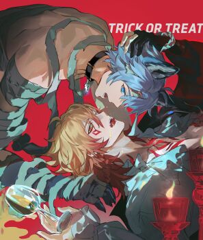 2boys absurdres after_kiss animal_ears antenna_hair bandaged_arm bandages black_collar black_gloves blonde_hair blue_eyes braid chest_tattoo collar commentary cup donburi_rn facial_tattoo gloves gradient_hair halloween halloween_costume hand_on_another&#039;s_head highres holding holding_cup honkai:_star_rail honkai_(series) male_focus medium_hair multicolored_hair multiple_boys mydei_(honkai:_star_rail) parted_bangs partially_fingerless_gloves phainon_(honkai:_star_rail) red_hair red_tattoo saliva saliva_trail shirt short_hair side_braid tattoo white_hair white_shirt wolf_ears yaoi yellow_blood yellow_eyes