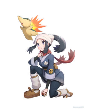 Rule 34 | 1girl, akari (pokemon), black hair, black pantyhose, black sash, blush, breasts, commentary request, cyndaquil, eyelashes, fire, galaxy team survey corps uniform, gen 2 pokemon, gonzarez, grey eyes, headscarf, highres, hisuian poke ball, holding, holding poke ball, jacket, long hair, loose socks, nintendo, pantyhose, parted lips, poke ball, pokemon, pokemon (creature), pokemon legends: arceus, ponytail, red scarf, sash, scarf, sidelocks, simple background, socks, white background, white headscarf
