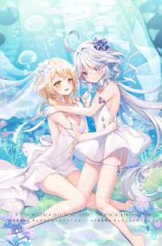 2girls air_bubble alternate_costume armpit_crease artist_name backless_dress backless_outfit blonde_hair blue_eyes blush breasts bridal_gauntlets bubble caustics choker cleavage closed_mouth commentary_request cowlick criss-cross_halter dress drop-shaped_pupils face-to-face feet_out_of_frame furina_(genshin_impact) genshin_impact gloves grey_hair half_gloves halterneck hand_on_another's_hip hand_on_another's_shoulder highres jellyfish kashiba_aira kneeling long_hair looking_at_viewer lumine_(genshin_impact) medium_breasts multiple_girls open_mouth short_hair_with_long_locks sideboob signature sitting skindentation small_breasts submerged symbol-shaped_pupils thigh_strap thighs twitter_username underwater veil wariza watermark wavy_hair white_choker white_dress white_gloves white_veil yellow_eyes
