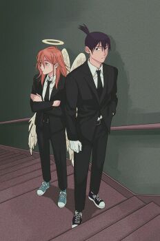 Rule 34 | 2boys, absurdres, angel devil (chainsaw man), angel wings, belt buckle, black eyes, black hair, black necktie, black shoes, black suit, blue shoes, buckle, chainsaw man, choppy bangs, collared shirt, converse, crossed arms, florbetriz, formal clothes, full body, gloves, hair between eyes, halo, hayakawa aki, highres, looking at viewer, looking to the side, medium hair, multiple boys, necktie, orange eyes, orange hair, shadow, shirt, shoes, stairs, standing, suit, topknot, white gloves, white shirt, wings