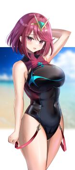 1girl absurdres arm_up bare_shoulders breasts circlet earrings hanasaka_houcha highres jewelry medium_breasts navel open_mouth outdoors pyra_(pro_swimmer)_(xenoblade) pyra_(xenoblade) red_eyes red_hair skin_tight skindentation sleeveless solo swimsuit thighs xenoblade_chronicles_(series) xenoblade_chronicles_2