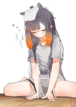 1girl absurdres alternate_costume black_hair black_shorts chocosong closed_eyes closed_mouth collarbone copyright_name grey_shirt highres hololive hololive_english long_hair ninomae_ina&#039;nis pointy_ears shirt short_shorts short_sleeves shorts simple_background sitting sleeping sweat t-shirt takodachi_(ninomae_ina&#039;nis) thighs towel towel_on_head virtual_youtuber white_background zzz