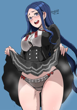 Rule 34 | 10s, artist name, black panties, blue background, blue hair, blush, breasts, butcha-u, clothes lift, danganronpa (series), danganronpa v3: killing harmony, dated, dress, dress lift, embarrassed, lifting own clothes, long hair, looking at viewer, medium breasts, panties, purple eyes, pussy juice, round teeth, shirogane tsumugi, signature, simple background, solo, steam, teeth, thighs, underwear, upskirt