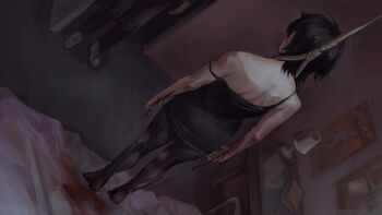 1girl 1other a-pose bed bedroom black_dress black_hair black_pantyhose bleeding blood commentary cuts dress dutch_angle english_commentary from_behind full_body hanging highres indoors injury noose open_door original out_of_frame pantyhose r0r1chka self-harm short_hair strap_slip suicide torn_clothes torn_pantyhose wrist_cutting