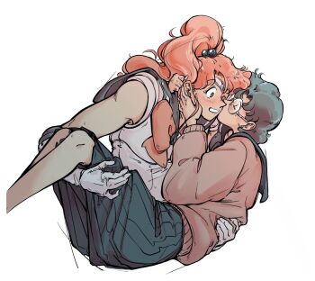 2girls bishoujo_senshi_sailor_moon blue_hair carrying closed_eyes commentary elbow_gloves english_commentary glasses gloves high_ponytail highres inner_senshi juuban_middle_school_uniform kino_makoto kiss long_hair magical_girl mercuri0ff mizuno_ami multiple_girls pleated_skirt ponytail princess_carry round_eyewear sailor_collar sailor_jupiter sailor_senshi sailor_senshi_uniform school_uniform serafuku short_hair simple_background skirt super_crown white_background white_gloves yuri