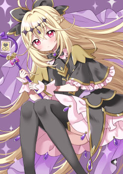 Rule 34 | 1girl, absurdres, antenna hair, black bow, black capelet, black dress, black thighhighs, blonde hair, blush, bow, braid, brooch, capelet, closed mouth, commentary, crossed bangs, cure arcana shadow, dress, expressionless, feet out of frame, forehead jewel, frilled capelet, frills, gem, gold trim, hair between eyes, hair bow, hair intakes, half up braid, heart, heart brooch, highres, holding, holding staff, jewelry, knees together feet apart, long hair, looking at viewer, magical girl, medium dress, meitantei precure!, moria luluka, pink eyes, precure, purple background, purple gem, purple theme, purple veil, sleeveless, sleeveless dress, solo, sparkle, sparkle background, staff, tear arcana rod, thighhighs, uchuuneko, veil, very long hair, white wrist cuffs, wrist cuffs