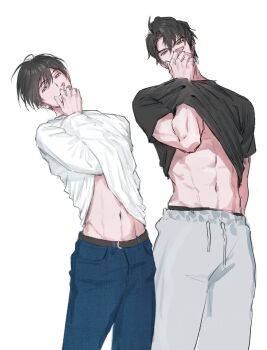 2boys abs black_eyes black_hair black_male_underwear black_shirt clothes_pull commentary covering_own_mouth curtained_hair denim feet_out_of_frame hand_in_pocket hand_on_own_face highres jeans kim_dokja leaning_back looking_at_viewer male_focus male_underwear matching_pose multiple_boys muscular muscular_male omniscient_reader&#039;s_viewpoint pants pectorals shirt shirt_pull short_hair standing sweatpants symbol-only_commentary toupou39 underwear white_shirt yoo_joonghyuk