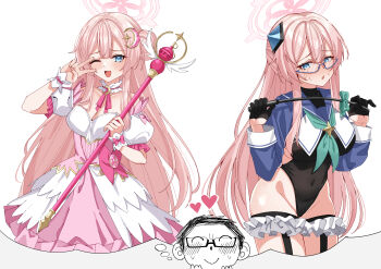 1boy 1girl absurdres alternate_costume aqua_neckerchief bare_shoulders black_garter_straps black_gloves black_leotard black_shirt blue_archive blue_eyes blue_sailor_collar blush breast_curtains breasts choker cleavage corset cosplay cropped_shirt detached_sleeves frilled_thigh_strap garter_straps glasses gloves hair_between_eyes hair_bun halo highleg highleg_leotard highres holding holding_staff holding_whip large_breasts leotard long_hair looking_at_viewer magical_girl mimori_(blue_archive) neckerchief one_eye_closed pink_corset pink_hair pink_halo pink_ribbon pink_skirt ribbon rynn_(darknescorez) sailor_collar semi-rimless_eyewear shimiko_(blue_archive) shimiko_(blue_archive)_(cosplay) shimiko_(magical)_(blue_archive) shirt sidelocks single_side_bun skirt staff suzumi_(blue_archive) suzumi_(blue_archive)_(cosplay) suzumi_(magical)_(blue_archive) thigh_strap v white_choker white_shirt