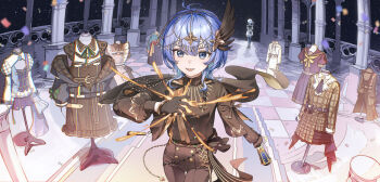 absurdres black_gloves black_jacket black_pants black_shirt blue_eyes blue_hair blush chinese_commentary collared_shirt commentary_request confetti dress dual_persona gloves gold_buttons hair_between_eyes hair_ornament highres hololive hoshimachi_suisei hoshimachi_suisei_(1st_costume) hoshimachi_suisei_(casual) hoshimachi_suisei_(maid) hoshimachi_suisei_(new_year) hoshimachi_suisei_(oriental_suit) hoshimachi_suisei_(sailor) hoshimachi_suisei_(shout_in_crisis) hoshimachi_suisei_(spectra_of_nova) hoshimachi_suisei_(stellar_into_the_galaxy) jacket jewelry long_sleeves looking_at_viewer mannequin oeuia official_alternate_costume open_mouth pants shirt sky smile solo_focus standing star_(symbol) star_in_eye symbol_in_eye tile_floor tiles unworn_clothes unworn_dress virtual_youtuber