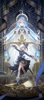 2girls absurdres ascot asymmetrical_gloves black_footwear black_shorts blue_ascot blue_gemstone blue_hair blue_hat blue_jacket blue_ribbon brooch closed_eyes commentary cowlick curtains daniel_deng dress drop-shaped_pupils english_commentary focalors_(genshin_impact) furina_(genshin_impact) gem genshin_impact gloves gradient_clothes gradient_dress hat highres hydro_symbol_(genshin_impact) jacket jewelry juliet_sleeves light_blue_hair long_sleeves mismatched_gloves mismatched_pupils multicolored_hair multiple_girls open_hands puffy_sleeves ribbon shorts socks stage stage_curtains standing streaked_hair symbol-shaped_pupils thigh_strap top_hat water water_drop weighing_scale white_socks